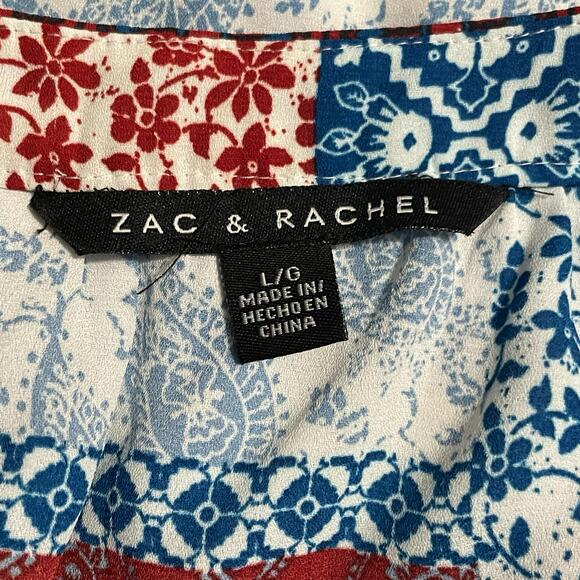 Zac & Rachel Womens Top Size Large Red White Blue Sheer Chiffon Floral Geometric - Picture 4 of 9